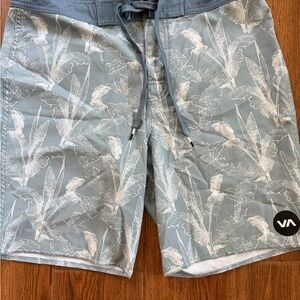 RVCA Slate Blue Palm Boardshorts with White Print - men’s size 32 - 9” inseam